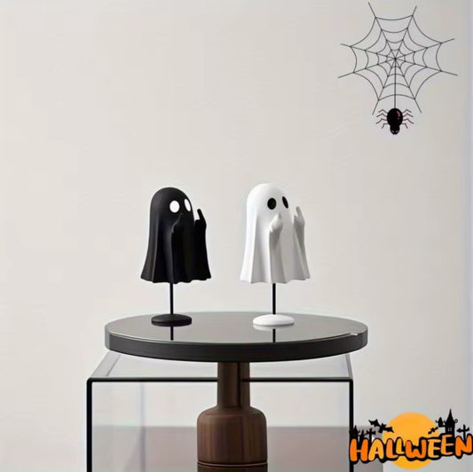 Spooky Ghost Figurines – Funny Halloween Decoration (White & Black Set)