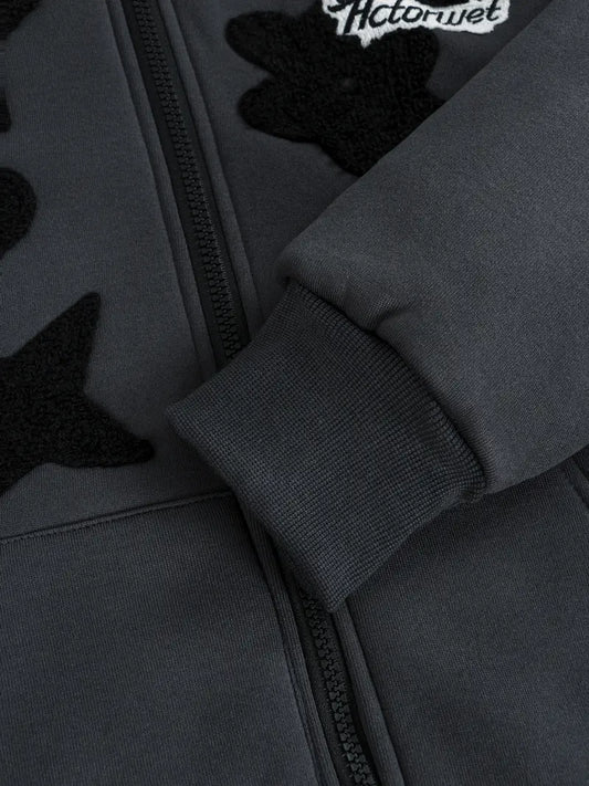 Casual Long Sleeve Skull & Star Pattern Pocket Zip Front Hoodie For Fall & Winter