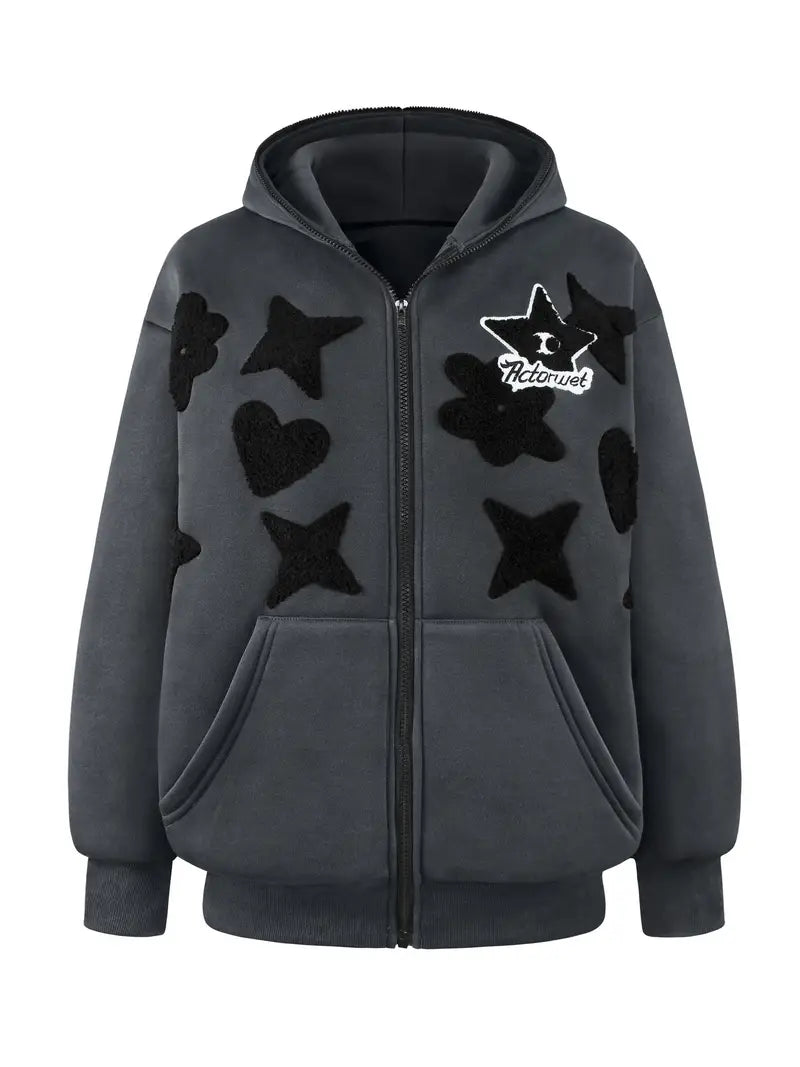 Casual Long Sleeve Skull & Star Pattern Pocket Zip Front Hoodie For Fall & Winter