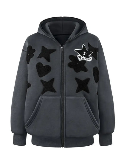 Casual Long Sleeve Skull & Star Pattern Pocket Zip Front Hoodie For Fall & Winter