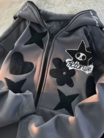 Casual Long Sleeve Skull & Star Pattern Pocket Zip Front Hoodie For Fall & Winter