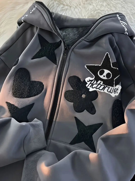Casual Long Sleeve Skull & Star Pattern Pocket Zip Front Hoodie For Fall & Winter