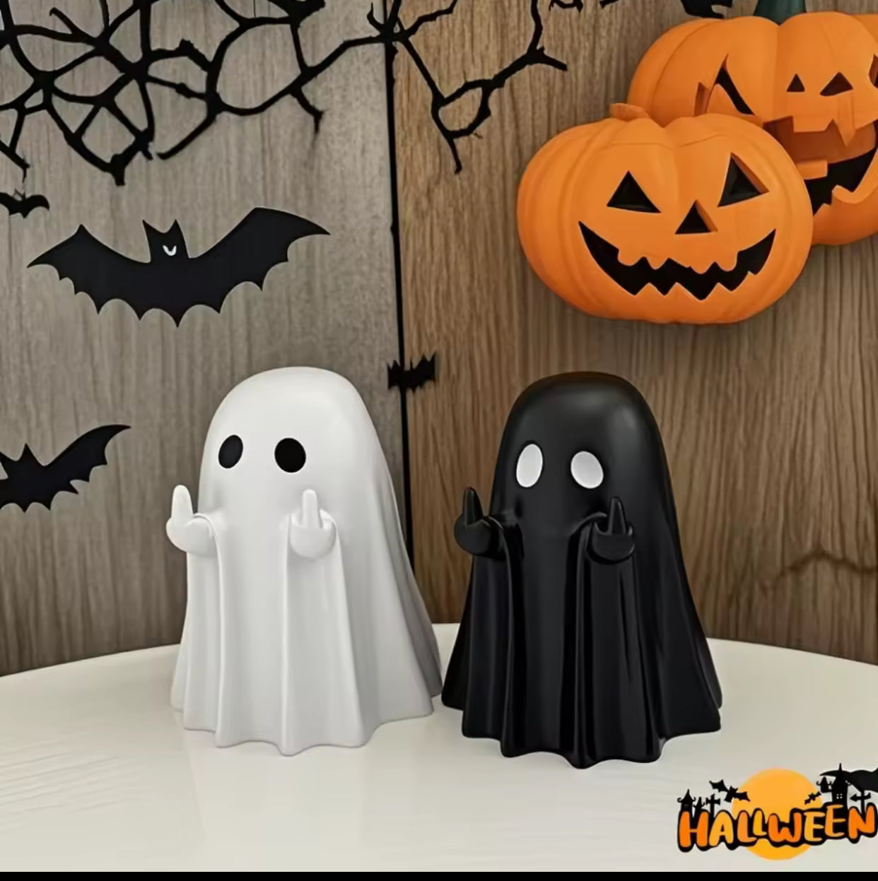 Spooky Ghost Figurines – Funny Halloween Decoration (White & Black Set)