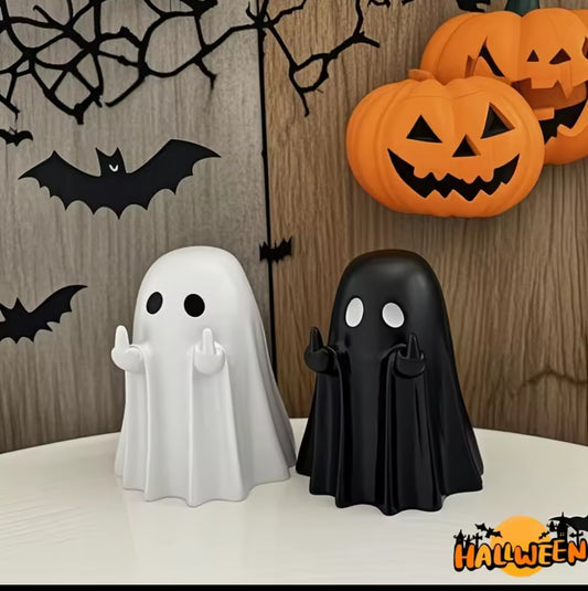 Spooky Ghost Figurines – Funny Halloween Decoration (White & Black Set)